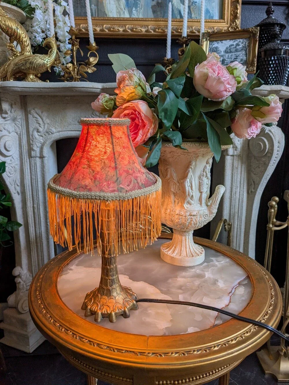 Vintage Mini Gold Ornate Boudoir Footed table lamp/ night light w/ floral Fringe